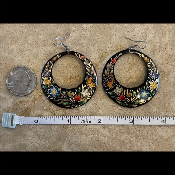 Artisan Painted (Laquered?) Ethnic Earrings Mexican? Floral Butterflies Monarchs - Picture 7 of 7